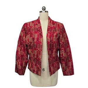 Vintage Adriana Papell Geometric Print Silk Blazer Jacket Women Size 14 Red Gold